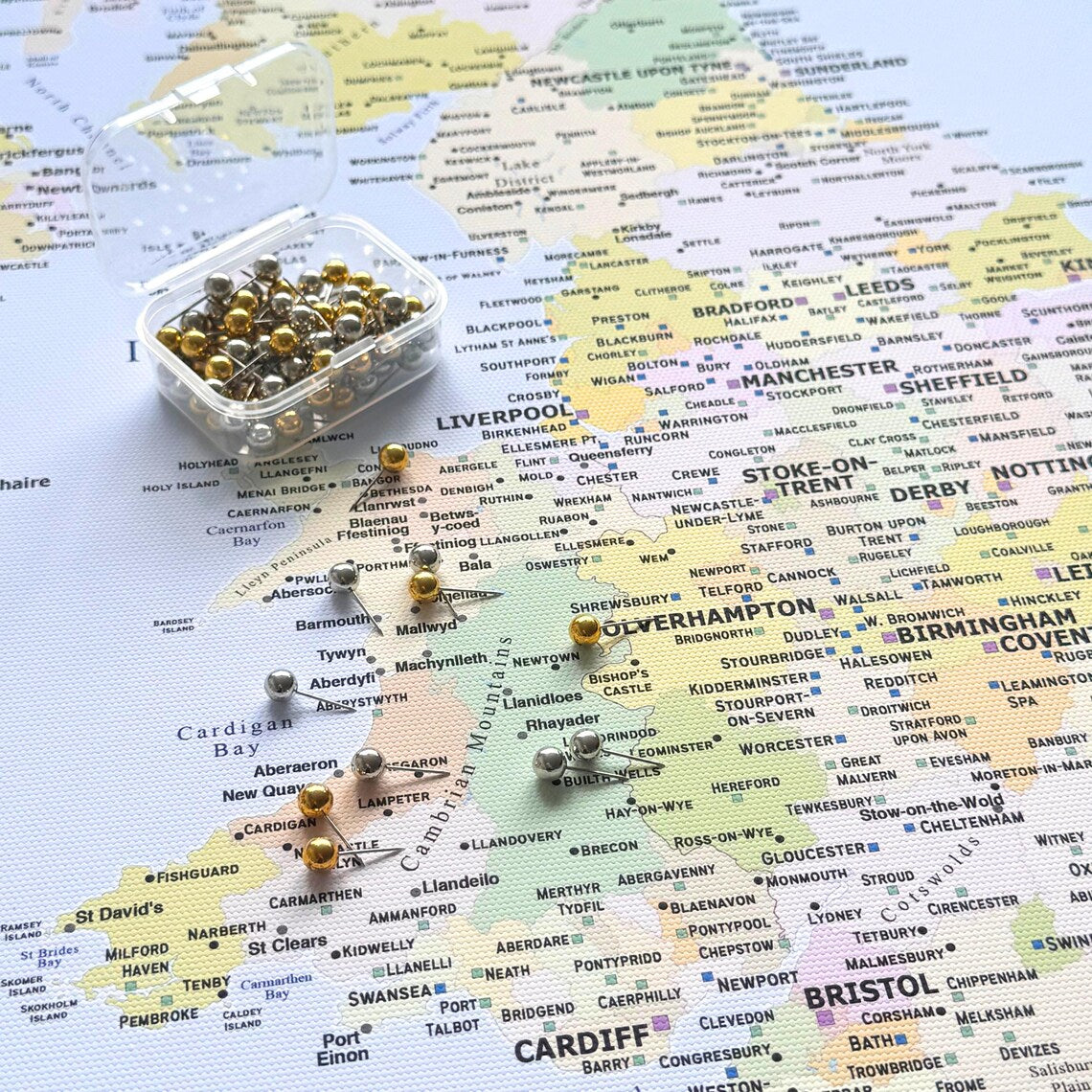 UK & Ireland Push Pin Map – Blue & Multicolor