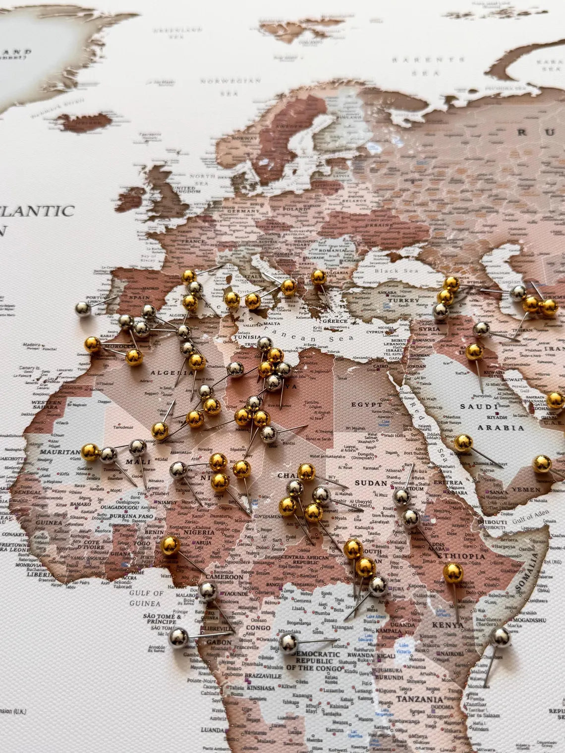 Push Pin World Map Canvas – Brown & Beige