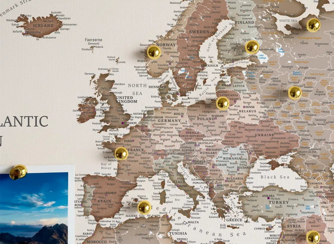 Push Pin World Map Canvas – Brown & Beige
