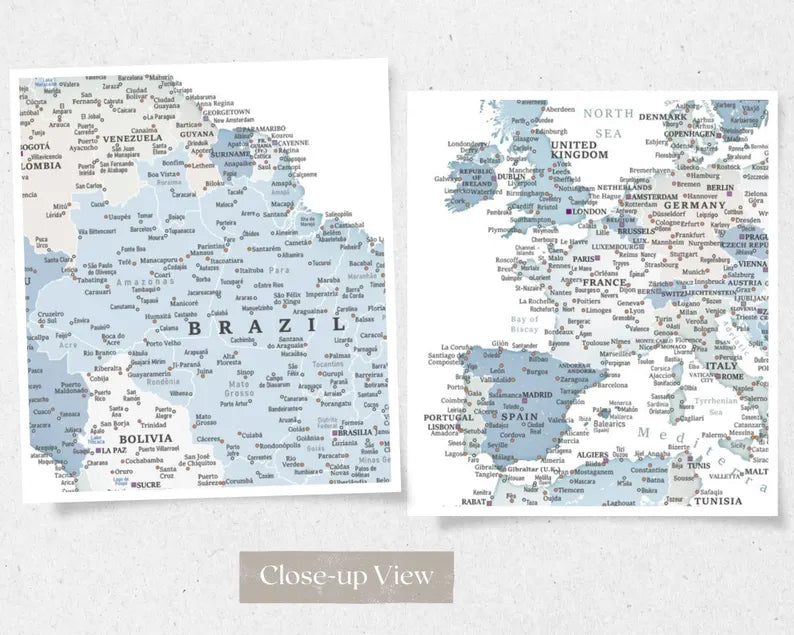 World Map Canvas with Wooden Hangers – White, Blue & Gray