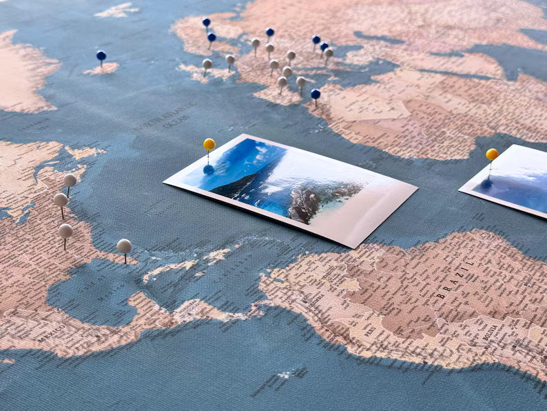Push Pin World Map Canvas – Blue & Beige