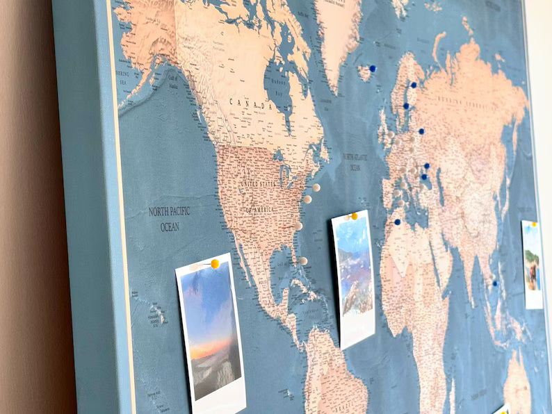 Push Pin World Map Canvas – Blue & Beige