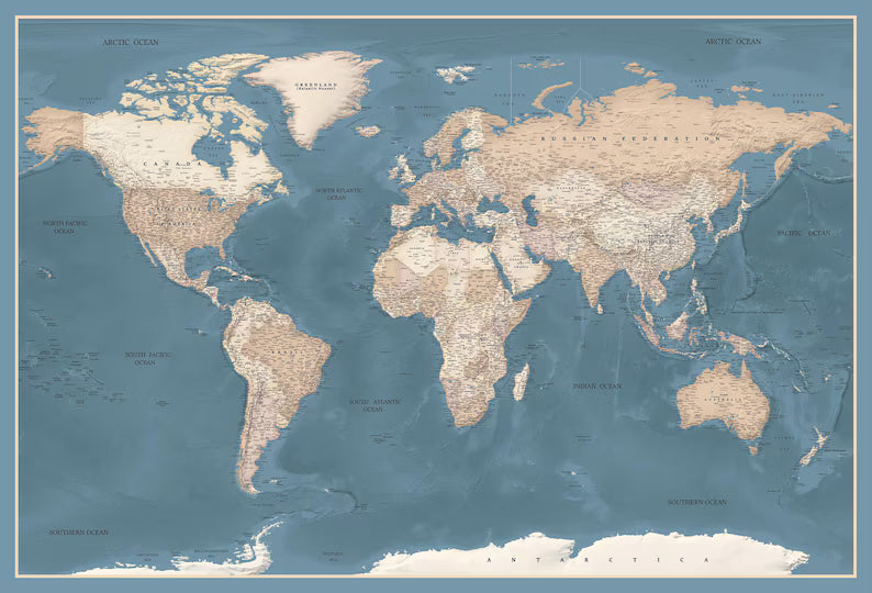 Push Pin World Map Canvas – Blue & Beige