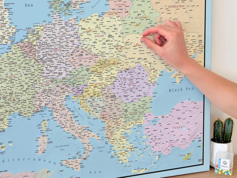 Push Pin Europe Map – Sky Blue & Multicolor
