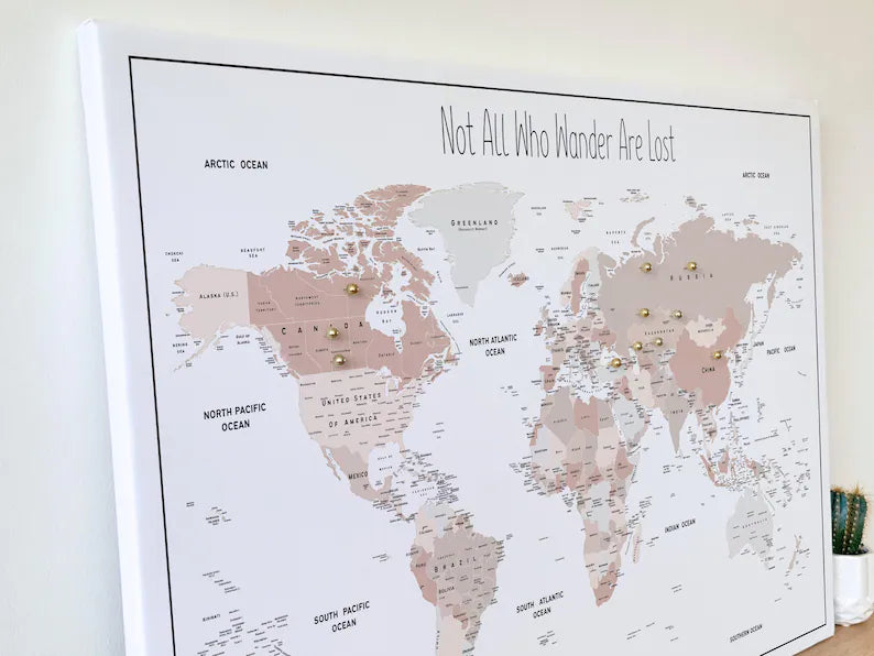Push Pin World Map Canvas – Blue, Beige & White