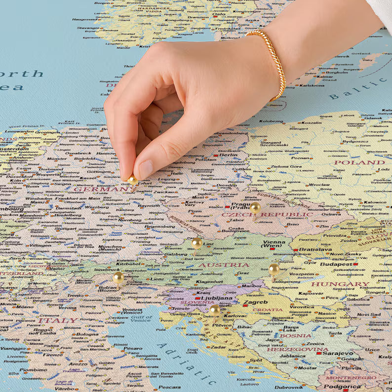Push Pin Europe Map – Sky Blue & Multicolor