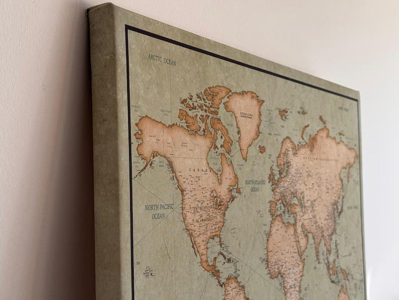 Push Pin World Map Canvas – Green & Beige