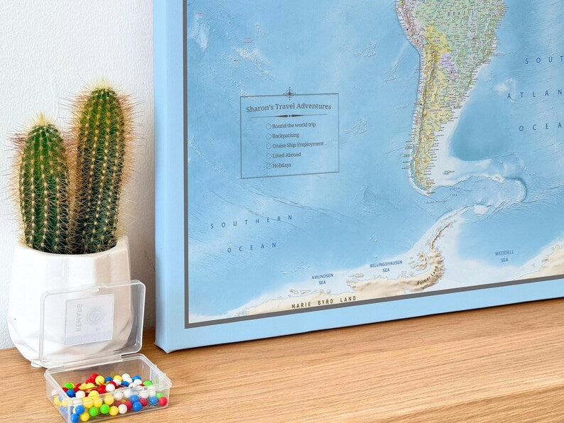 Push Pin World Map Canvas – Blue Ocean & Multicolor