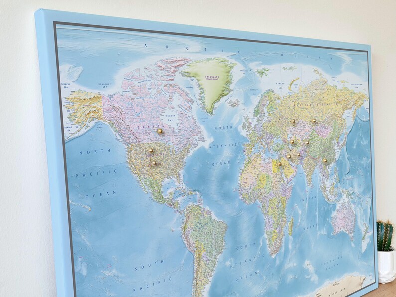Push Pin World Map Canvas – Blue Ocean & Multicolor