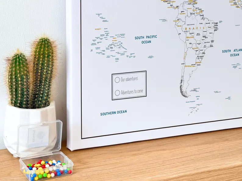 Push Pin World Map Canvas – Minimalist Black & White