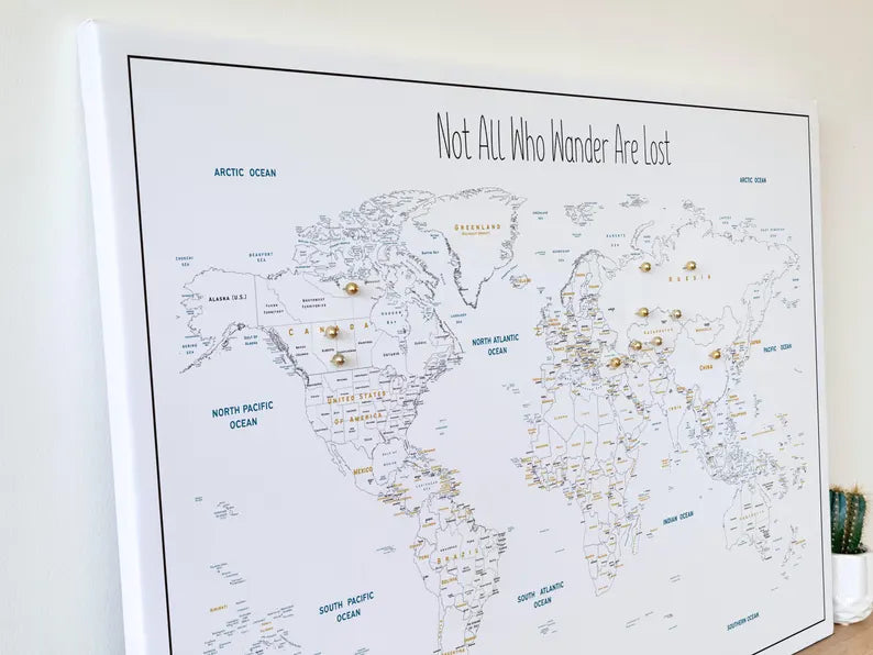 Push Pin World Map Canvas – Minimalist Black & White