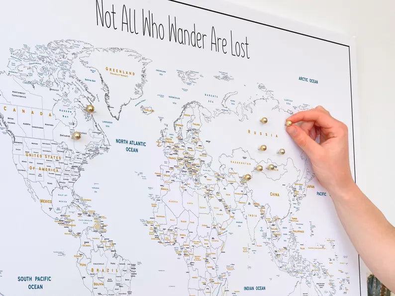 Push Pin World Map Canvas – Minimalist Black & White