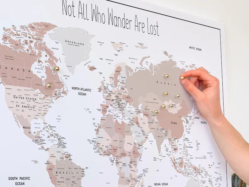 Push Pin World Map Canvas – Blue, Beige & White