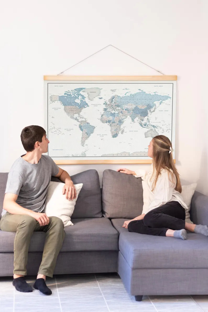 World Map Canvas with Wooden Hangers – White, Blue & Gray