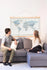 World Map Canvas with Wooden Hangers – White, Blue & Gray