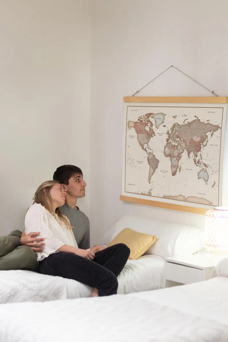 World Map Canvas with Wooden Hangers – Brown & Beige