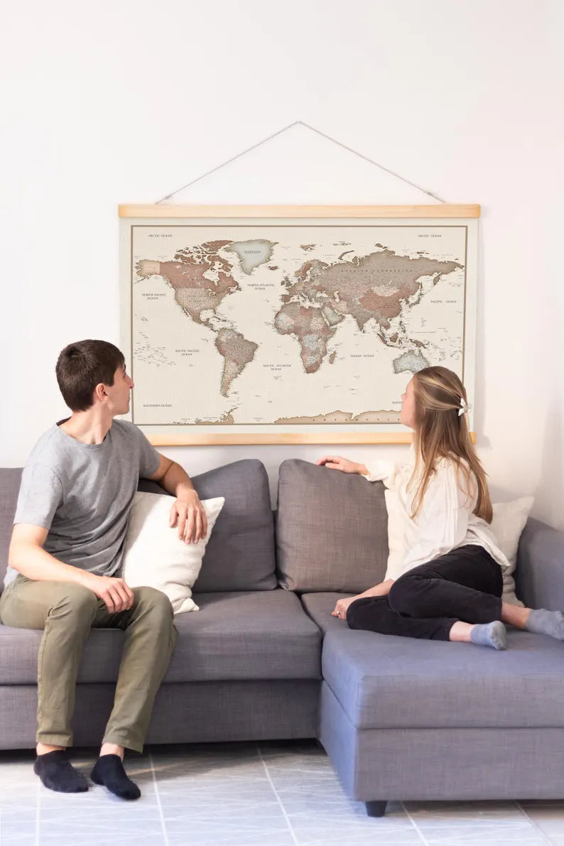 World Map Canvas with Wooden Hangers – Brown & Beige