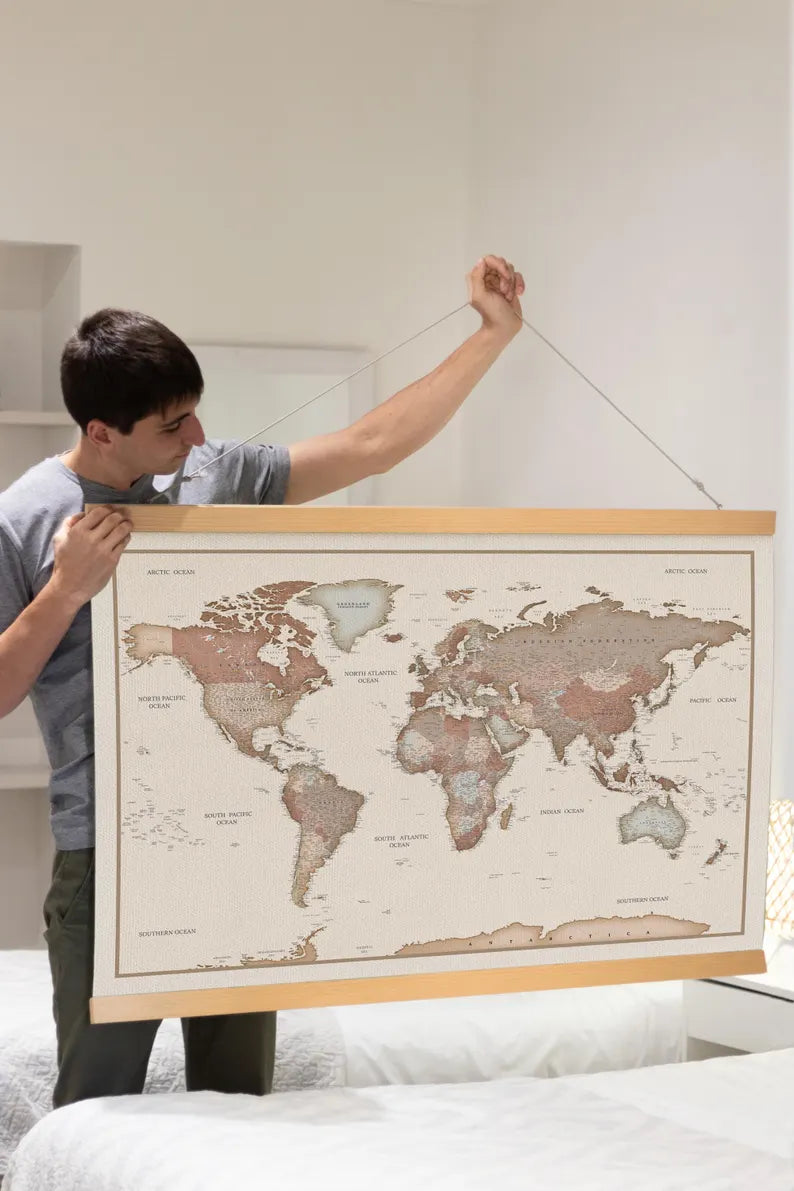 World Map Canvas with Wooden Hangers – Brown & Beige