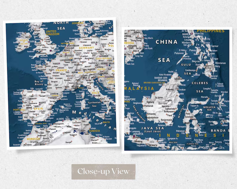 World Map Canvas with Wooden Hangers – Navy Blue & White