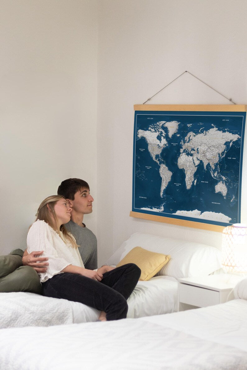 World Map Canvas with Wooden Hangers – Navy Blue & White