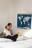 World Map Canvas with Wooden Hangers – Navy Blue & White