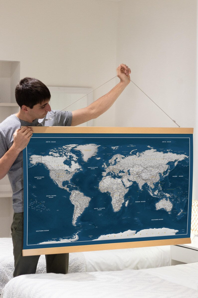 World Map Canvas with Wooden Hangers – Navy Blue & White