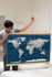 World Map Canvas with Wooden Hangers – Navy Blue & White