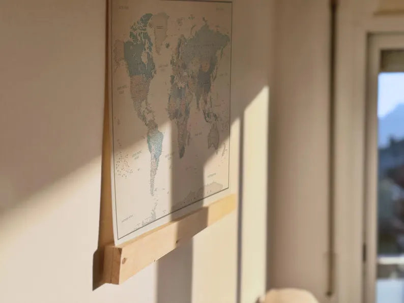 World Map Canvas with Wooden Hangers – White, Blue & Gray