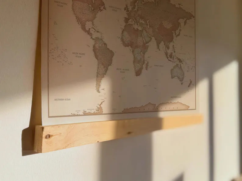 World Map Canvas with Wooden Hangers – Brown & Beige