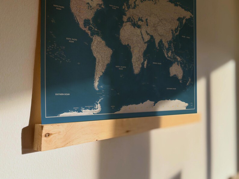 World Map Canvas with Wooden Hangers – Navy Blue & White