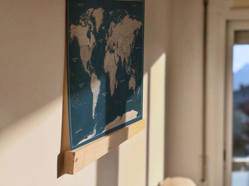 World Map Canvas with Wooden Hangers – Navy Blue & White