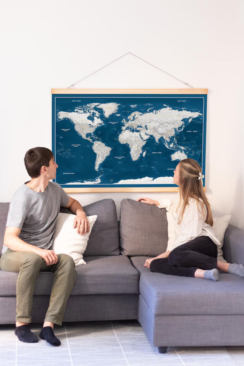 World Map Canvas with Wooden Hangers – Navy Blue & White