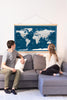 World Map Canvas with Wooden Hangers – Navy Blue & White