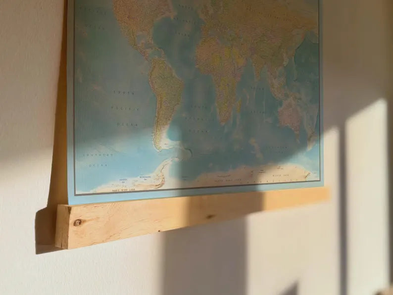 World Map Canvas with Wooden Hangers – Blue & Multicolor