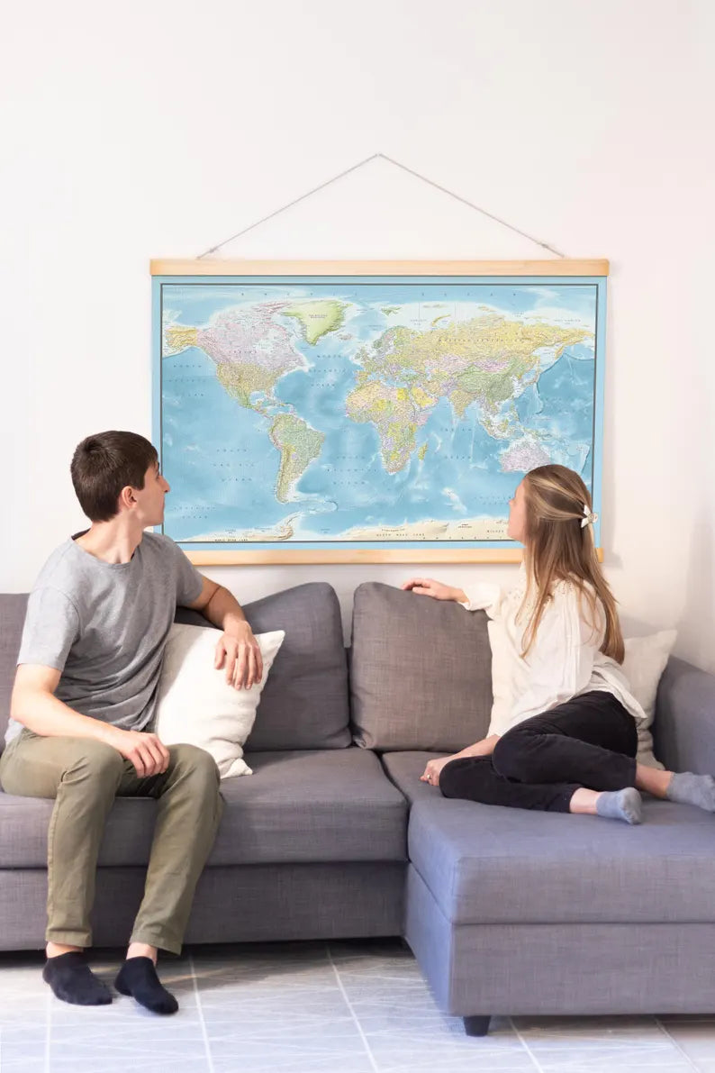World Map Canvas with Wooden Hangers – Blue & Multicolor