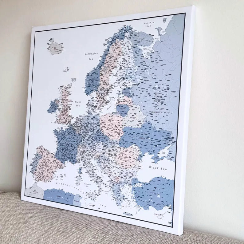 Push Pin Europe Map – Blue, Beige & White