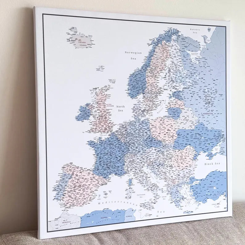 Push Pin Europe Map – Blue, Beige & White