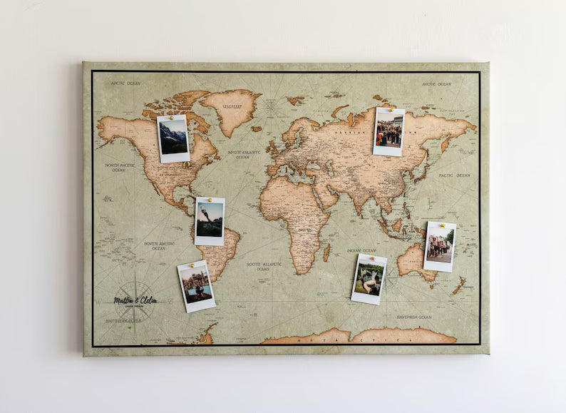 Push Pin World Map Canvas – Green & Beige