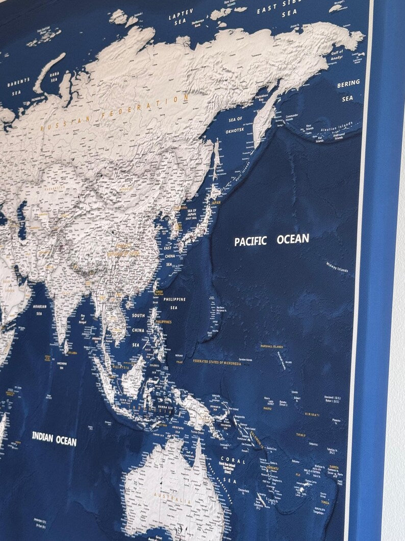 Push Pin World Map Canvas – Blue Navy & Grey