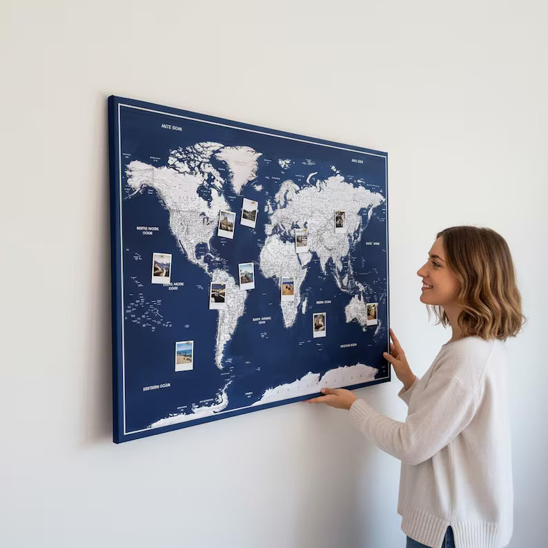 Push Pin World Map Canvas – Blue Navy & Grey