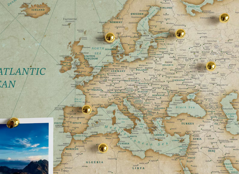Push Pin World Map Canvas – Green & Beige