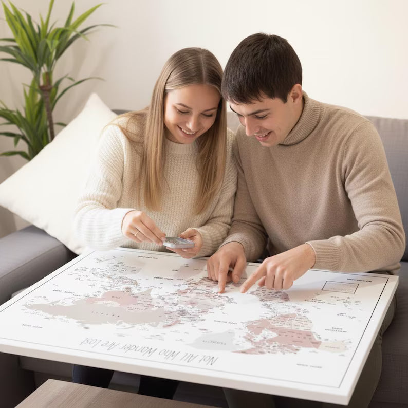 Push Pin World Map Canvas – Blue, Beige & White