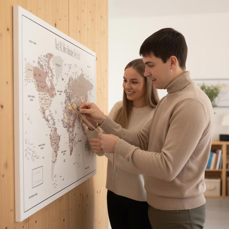 Push Pin World Map Canvas – Blue, Beige & White