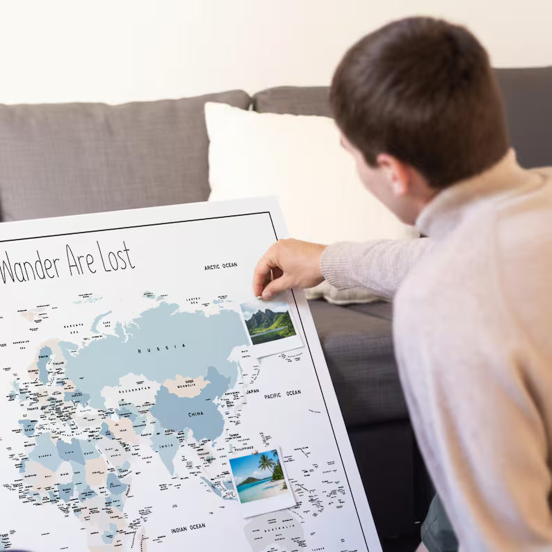 Push Pin World Map Canvas – Minimalist White, Blue & Beige
