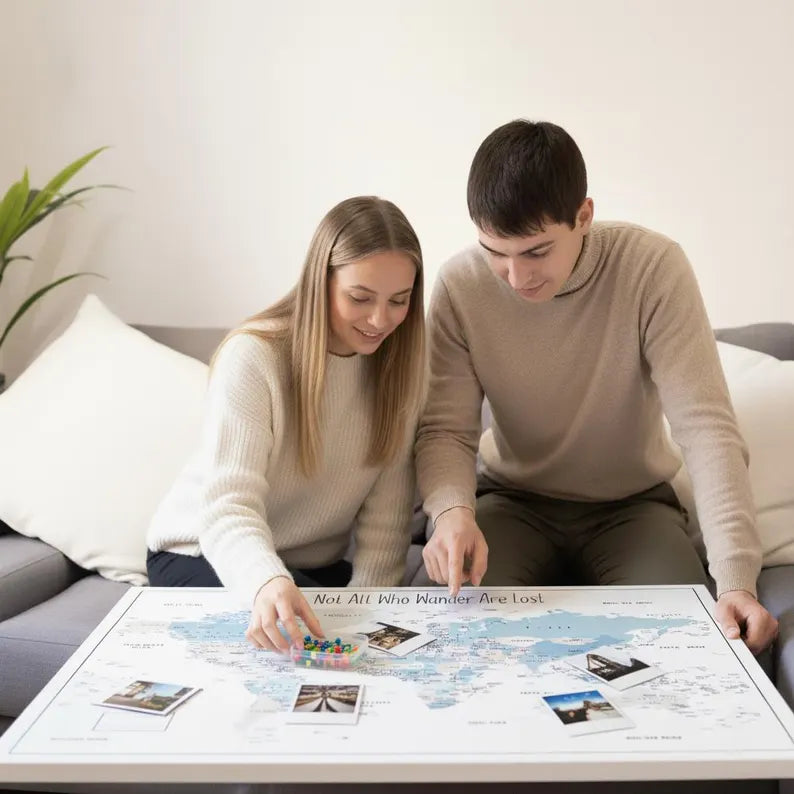 Push Pin World Map Canvas – Minimalist White, Blue & Beige