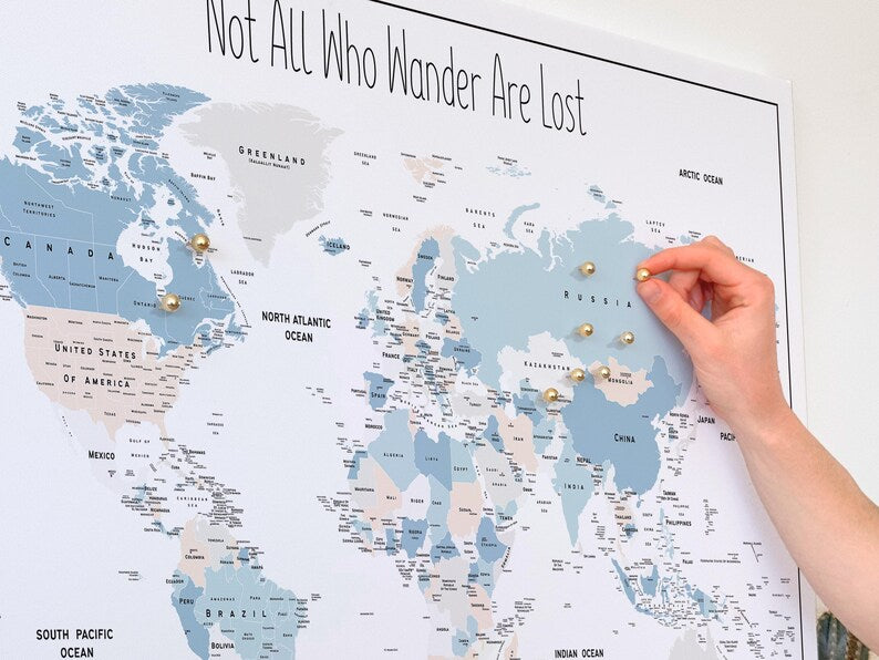 Push Pin World Map Canvas – Minimalist White, Blue & Beige