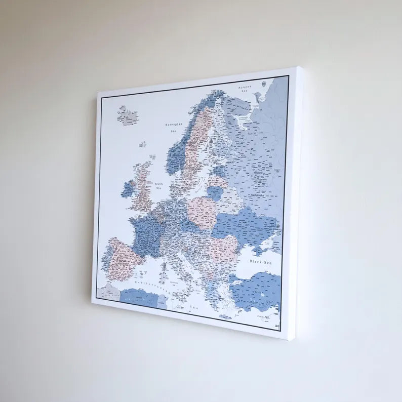 Push Pin Europe Map – Blue, Beige & White