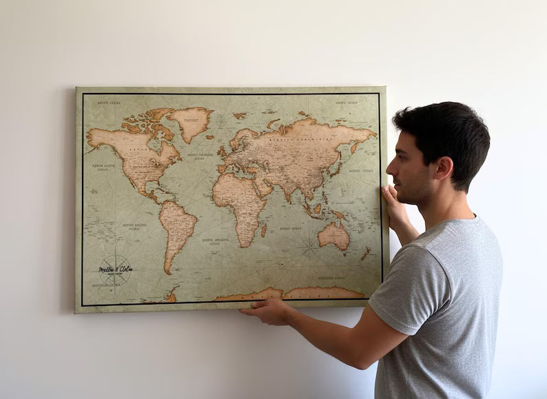 Push Pin World Map Canvas – Green & Beige