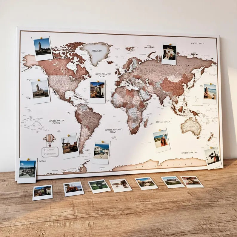 Push Pin World Map Canvas – Brown & Beige