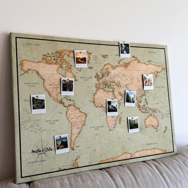 Push Pin World Map Canvas – Green & Beige